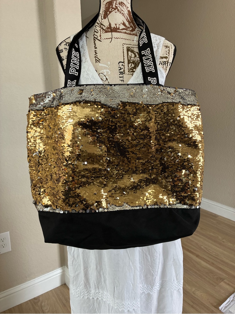 PINK Victoria's Secret Gold and Black Sequin Tote